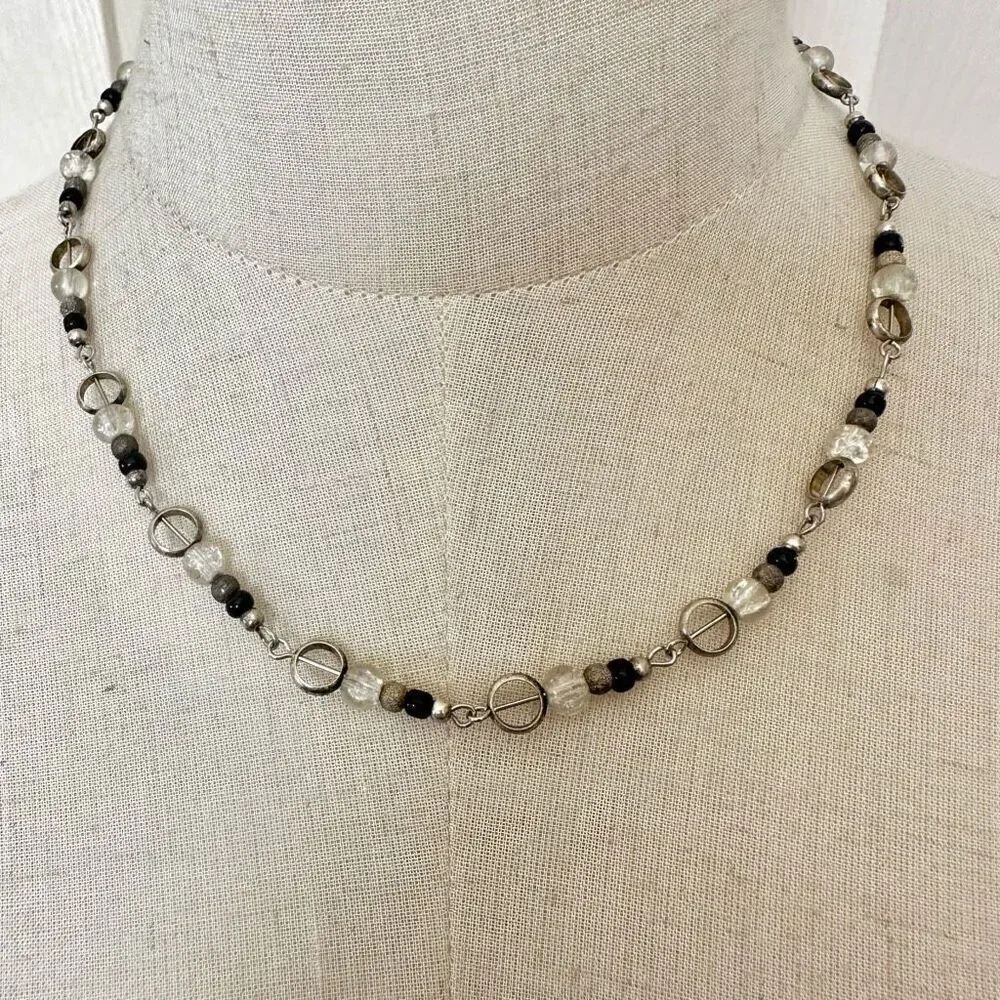 Silver tone and black beaded necklace